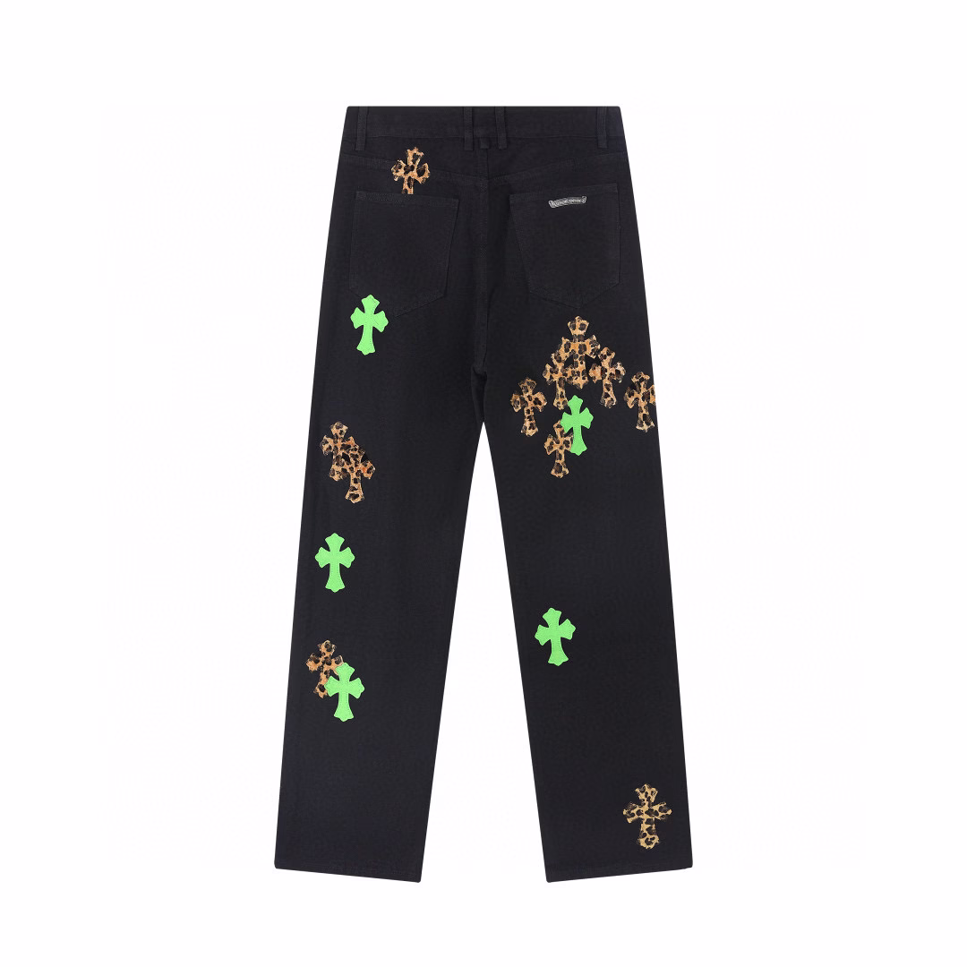 49 Chrome Hearts Leopard and Green Cross Patch Jeans - Image 1
