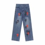 Chrome Hearts Red & Black Cross Patch Blue Jeans - Image 2