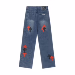Chrome Hearts Red & Black Cross Patch Blue Jeans - Image 3