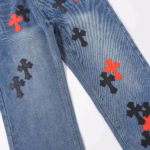 Chrome Hearts Red & Black Cross Patch Blue Jeans